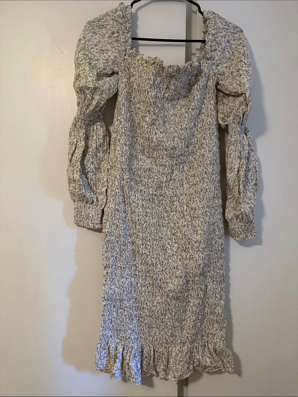 Cream Floral Smocked Midi Dress with Puff Sleeves